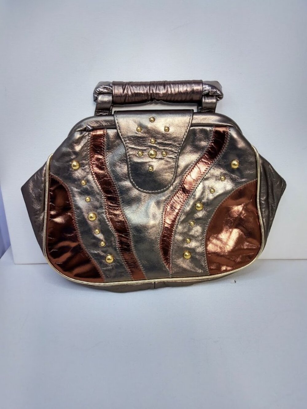 Vintage 80s Leather Clutch Bag Purse Metallic Copper Bronze Studded USA FLAWS